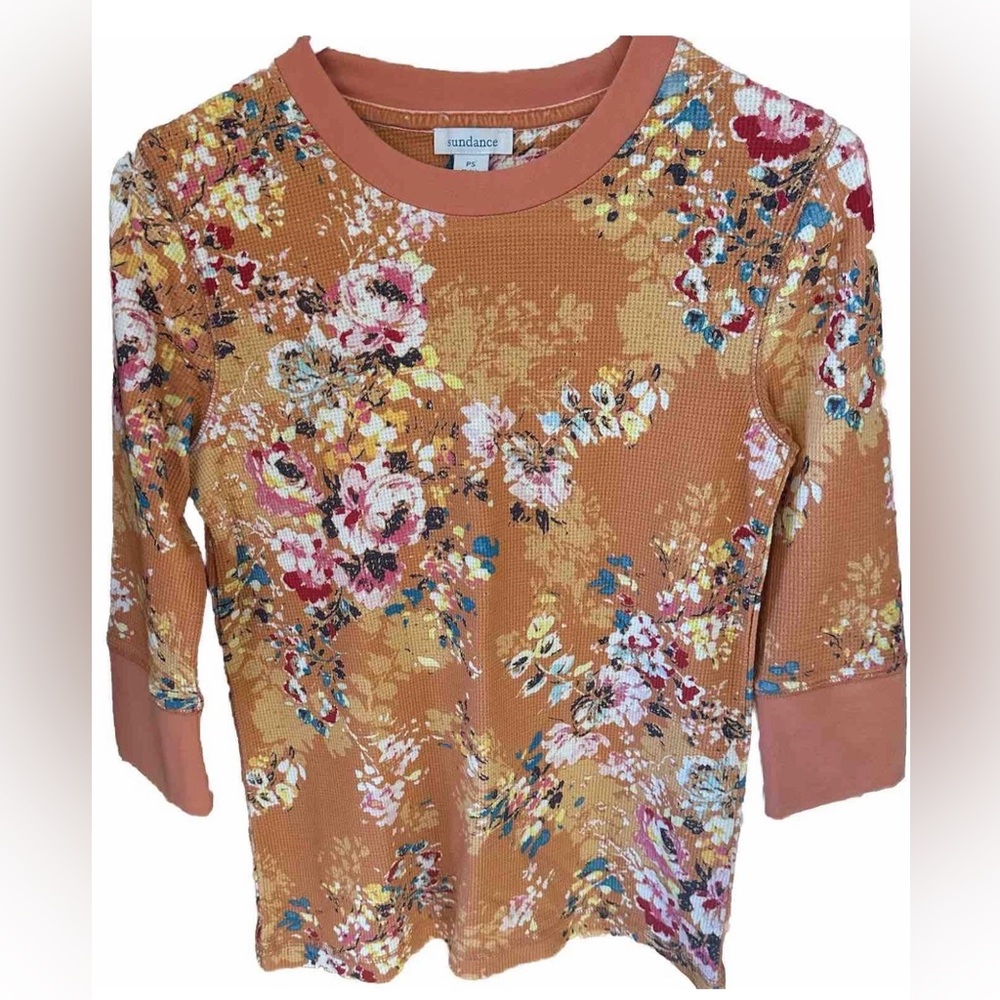 Sundance Floral Print Top Women’s Sz S Petite Waffle Knit Thermal 3/4 Sleeves